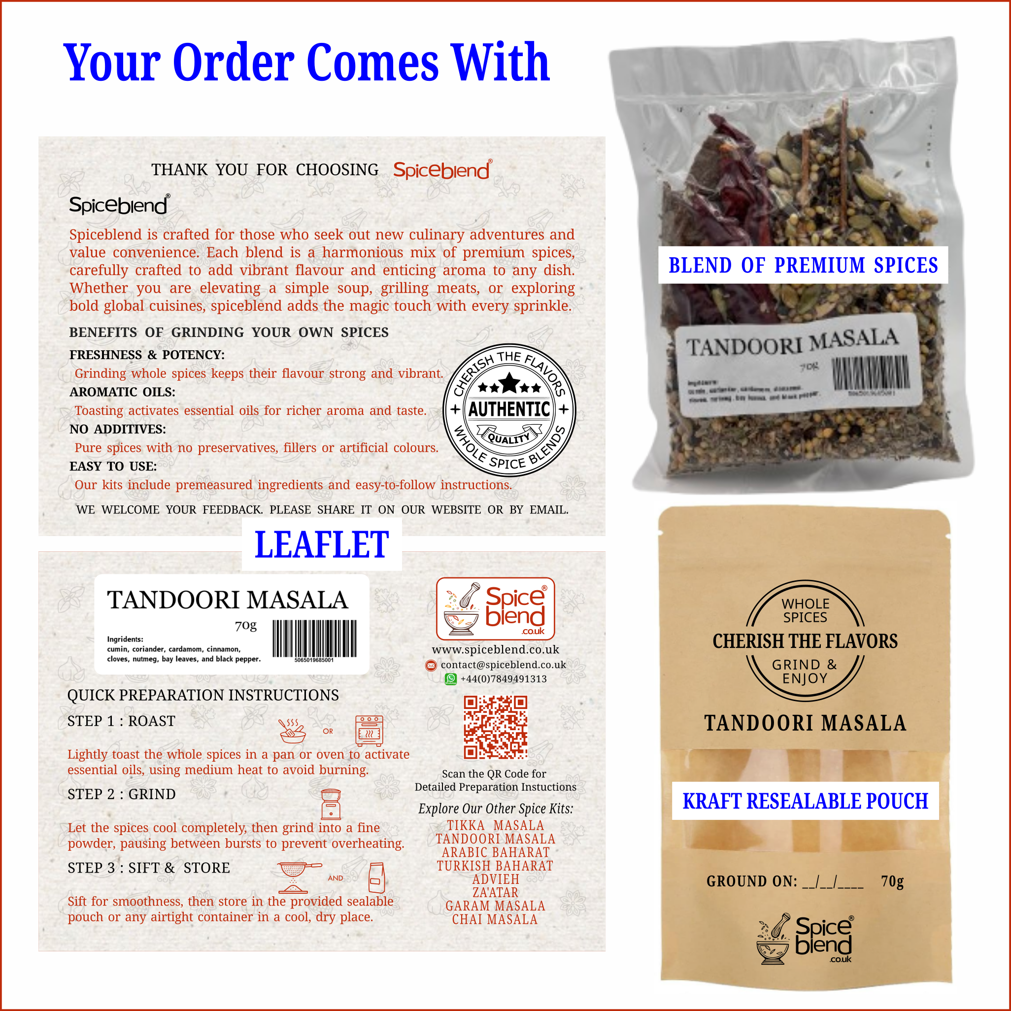 Your order comes with a leaflet and kraft resealable pouch